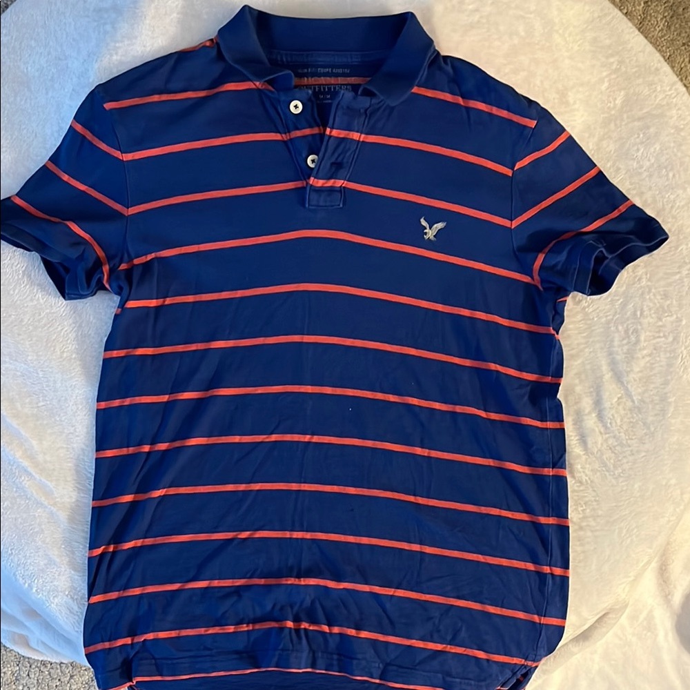 Men's Blue and Red Striped Polo Shirt